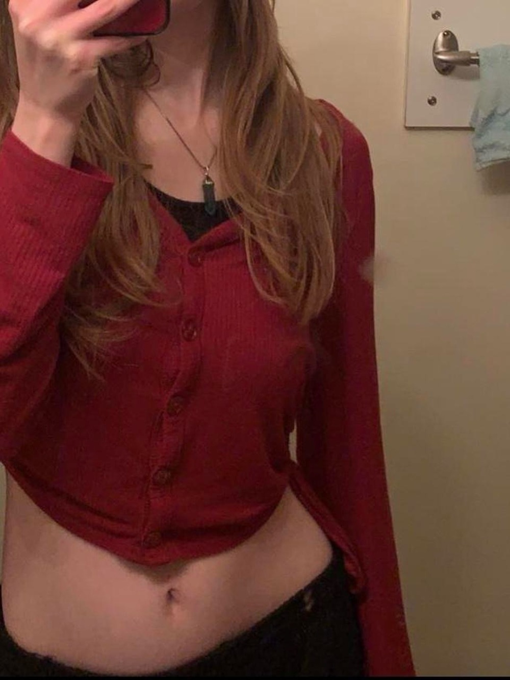3 For $25 Eclipse Red Ribbed V-Neck Ruched Side Drawstring Button Up Cropped Top - Picture 5 of 5